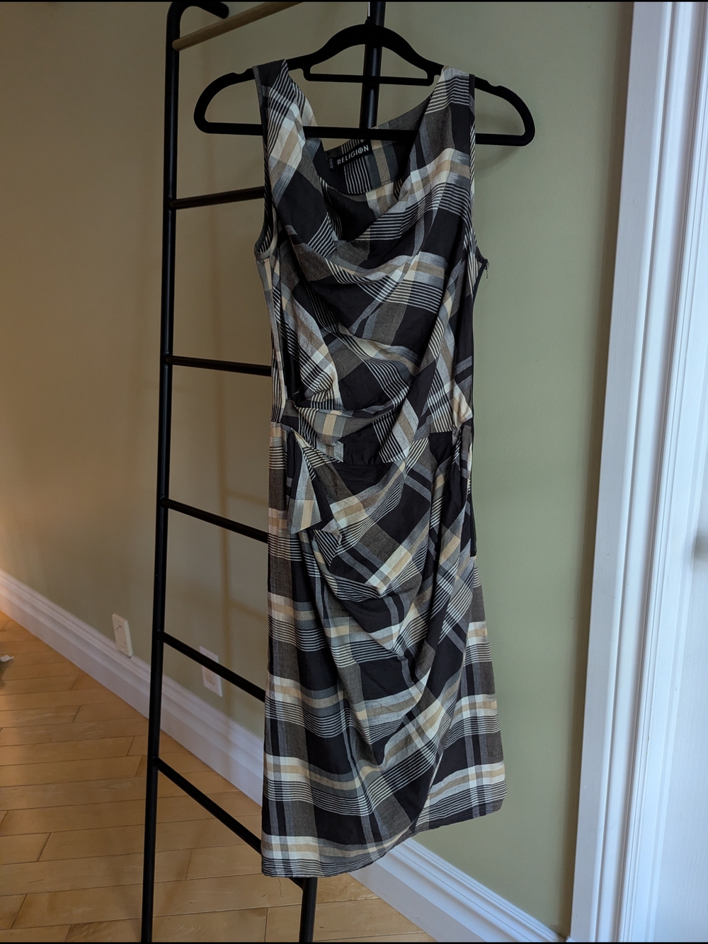 Sleeveless Plaid Draped Midi Dress - Religion